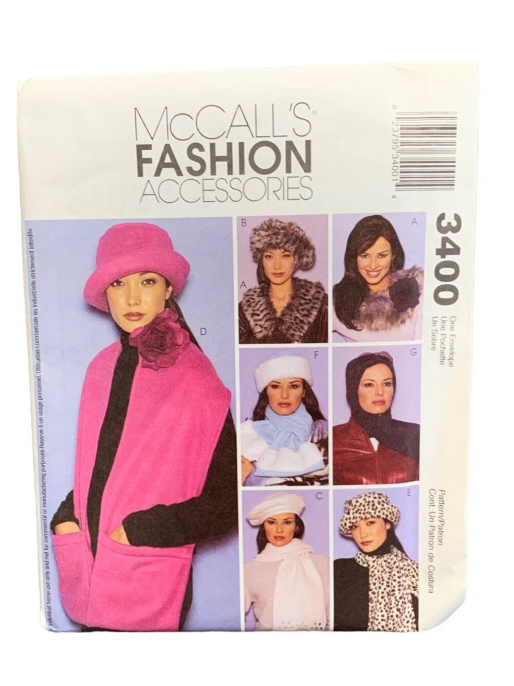 McCalls Fashion Accessories Hat Scarf Collar Sewing Pattern 3400 Uncut